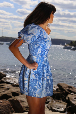 Santorini tie dye one shoulder puff dress - Blue