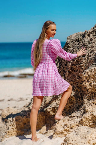 Santorini Long Sleeve Puff Dress - Checkered Pink