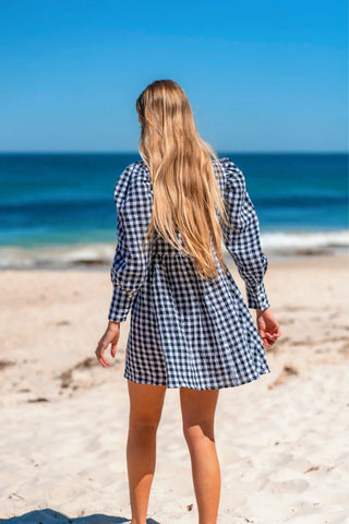 Santorini Long Sleeve Puff Dress - Checkered Black