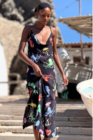 Sea Creatures Bias Dress - Black